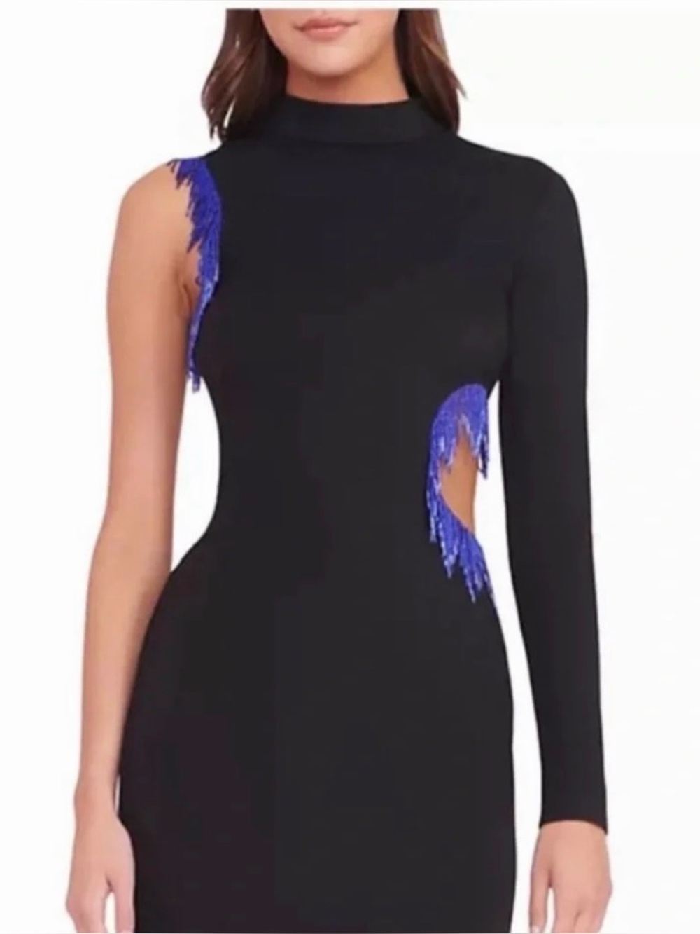 Staud black One-Sleeve Dress with Blue Fringe Cutouts